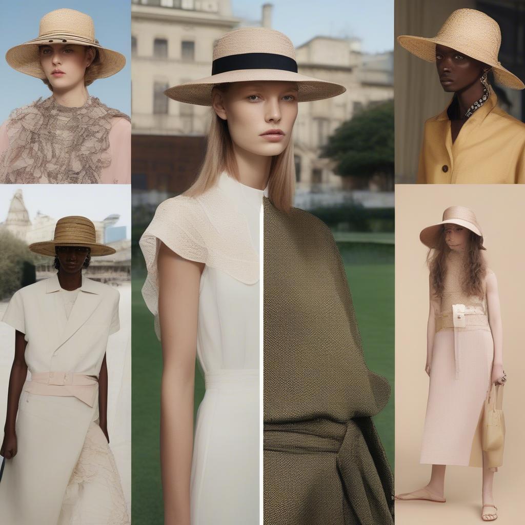 Different ways to style a Lanvin open weave straw hat with various outfits.