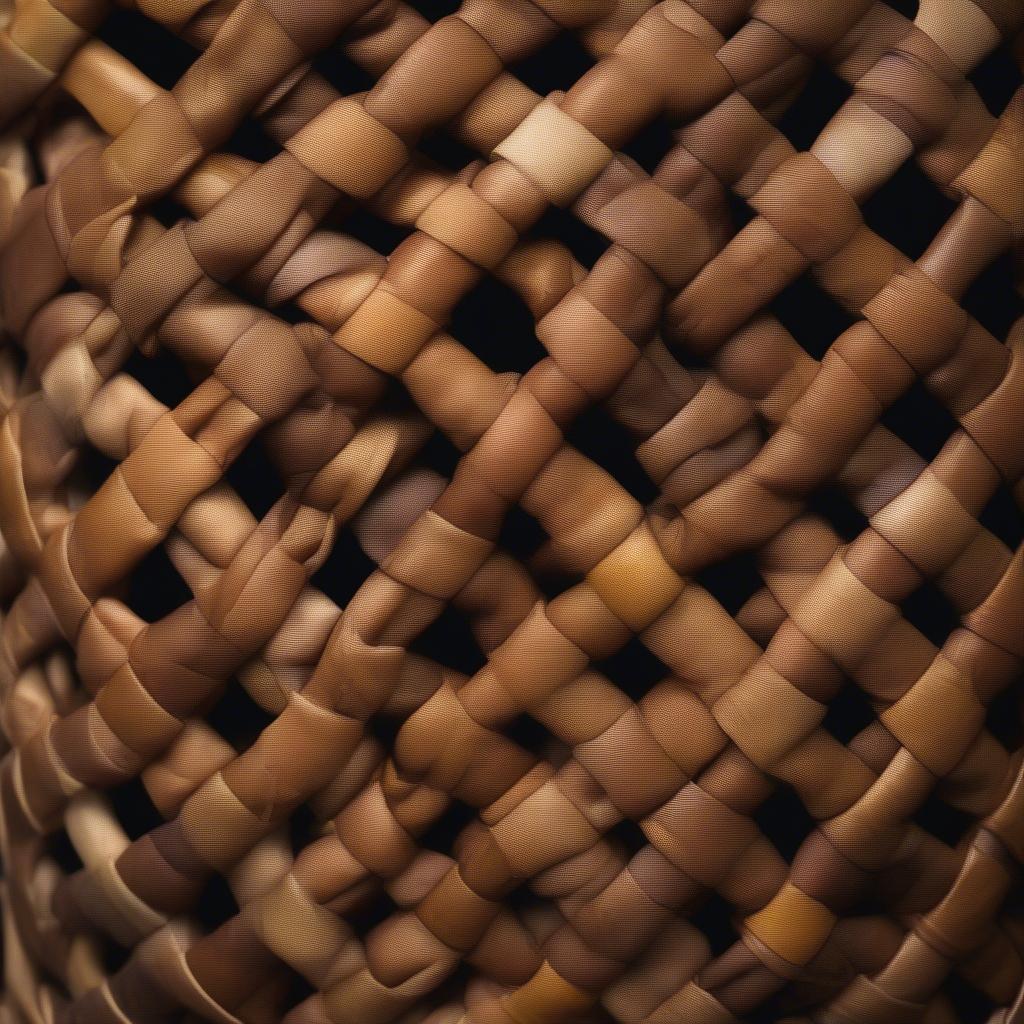 Close-up of a large brown crazy weave basket, showcasing the intricate and varying widths of the woven material.