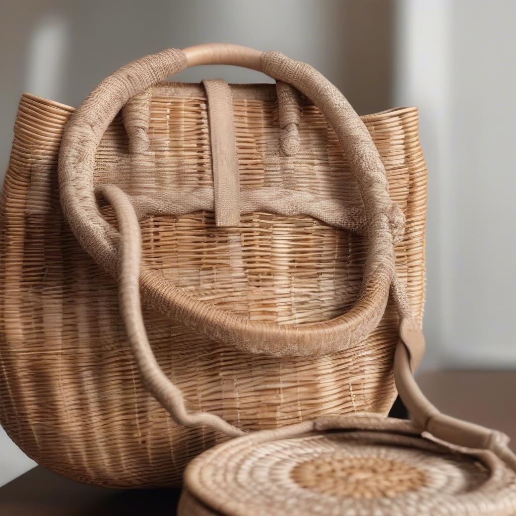 Large Round Woven Bags Made of Natural Materials like Wicker and Rattan