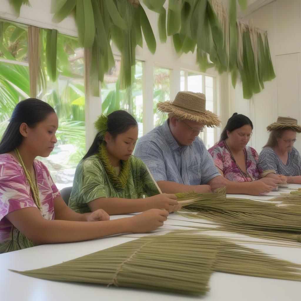 Students learning lauhala hat weaving in a Hawaiian workshop