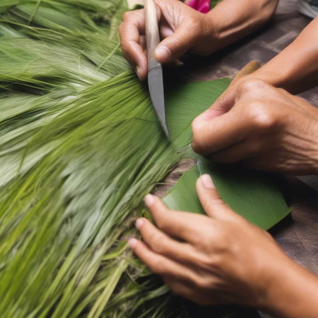 Preparing Lauhala Leaves for Weaving