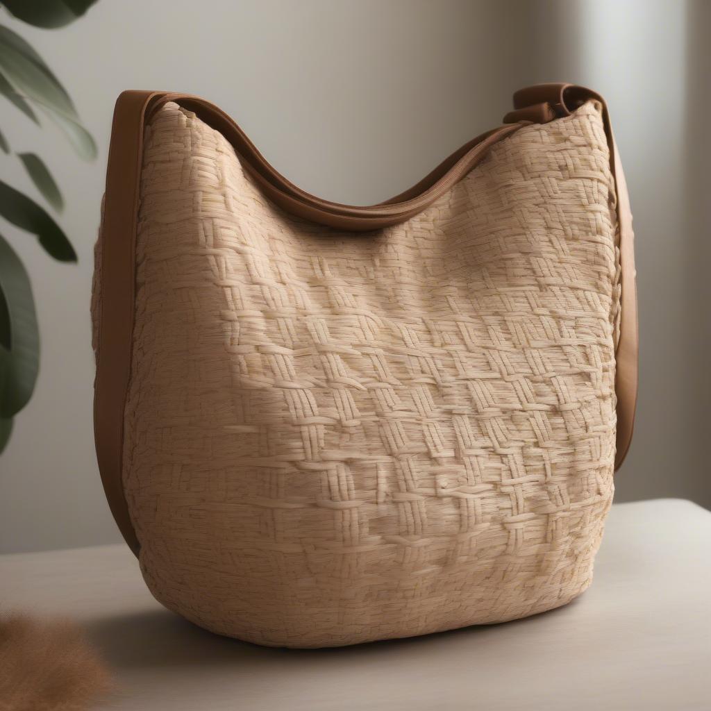 Close-up of a natural-colored laurel woven hobo bag showing the intricate weave and supple shape.