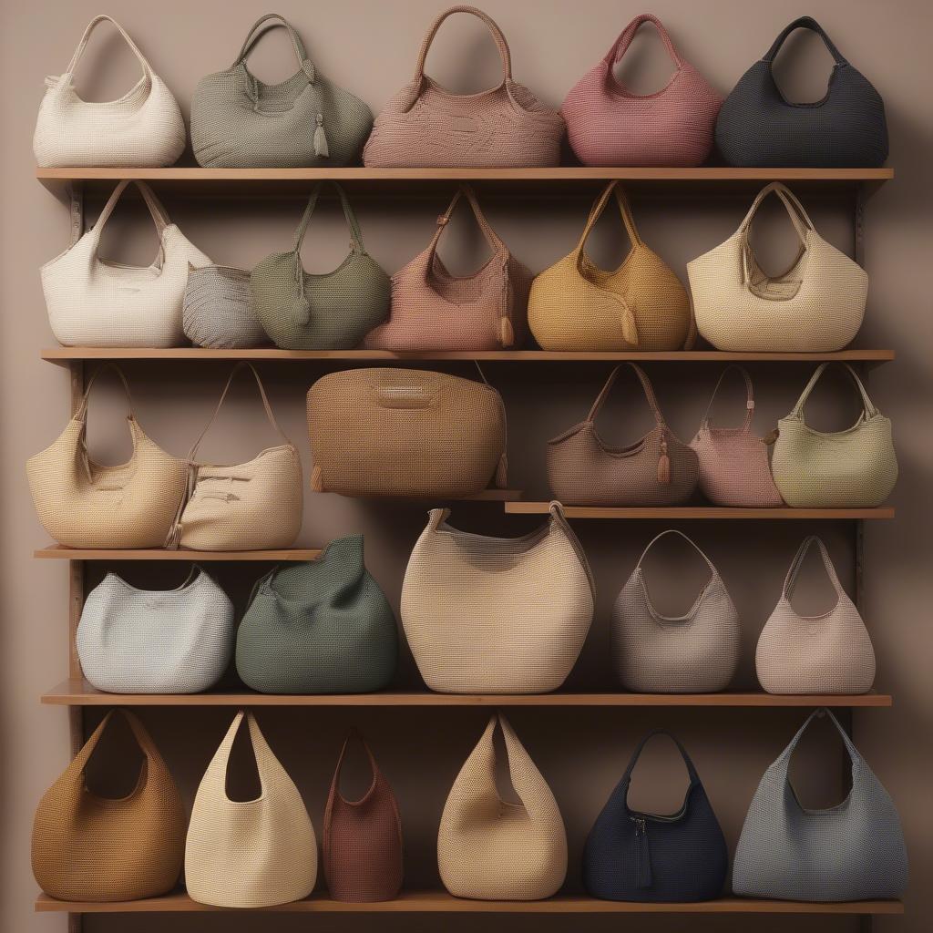 Different styles and colors of laurel woven hobo bags displayed on a shelf.