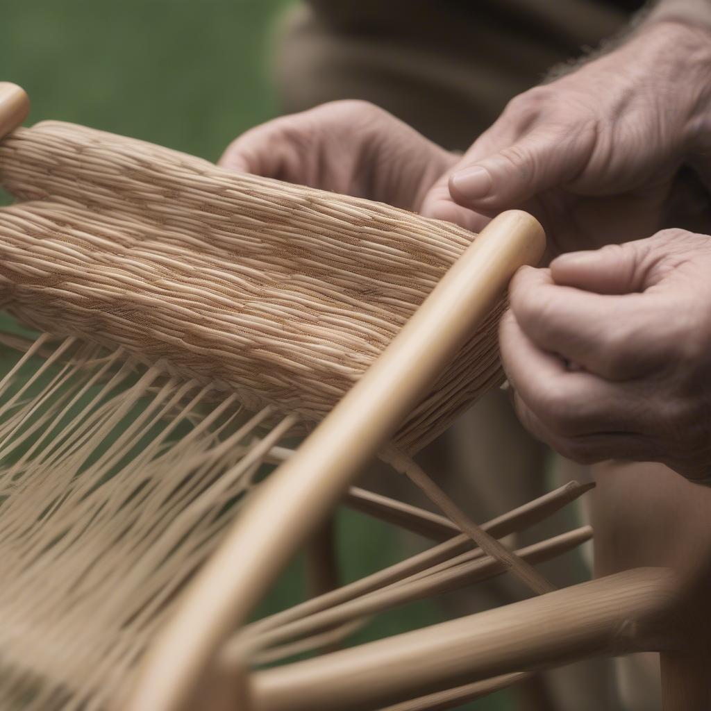 Close-up of hands expertly weaving new reed into a vintage lawn chair frame, showcasing the intricate process of lawn chair weaving.