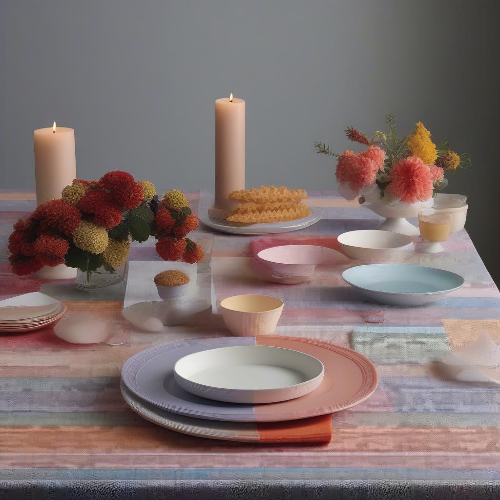 A collection of waffle weave tablecloths by Le Jacquard Francais in various colors and patterns