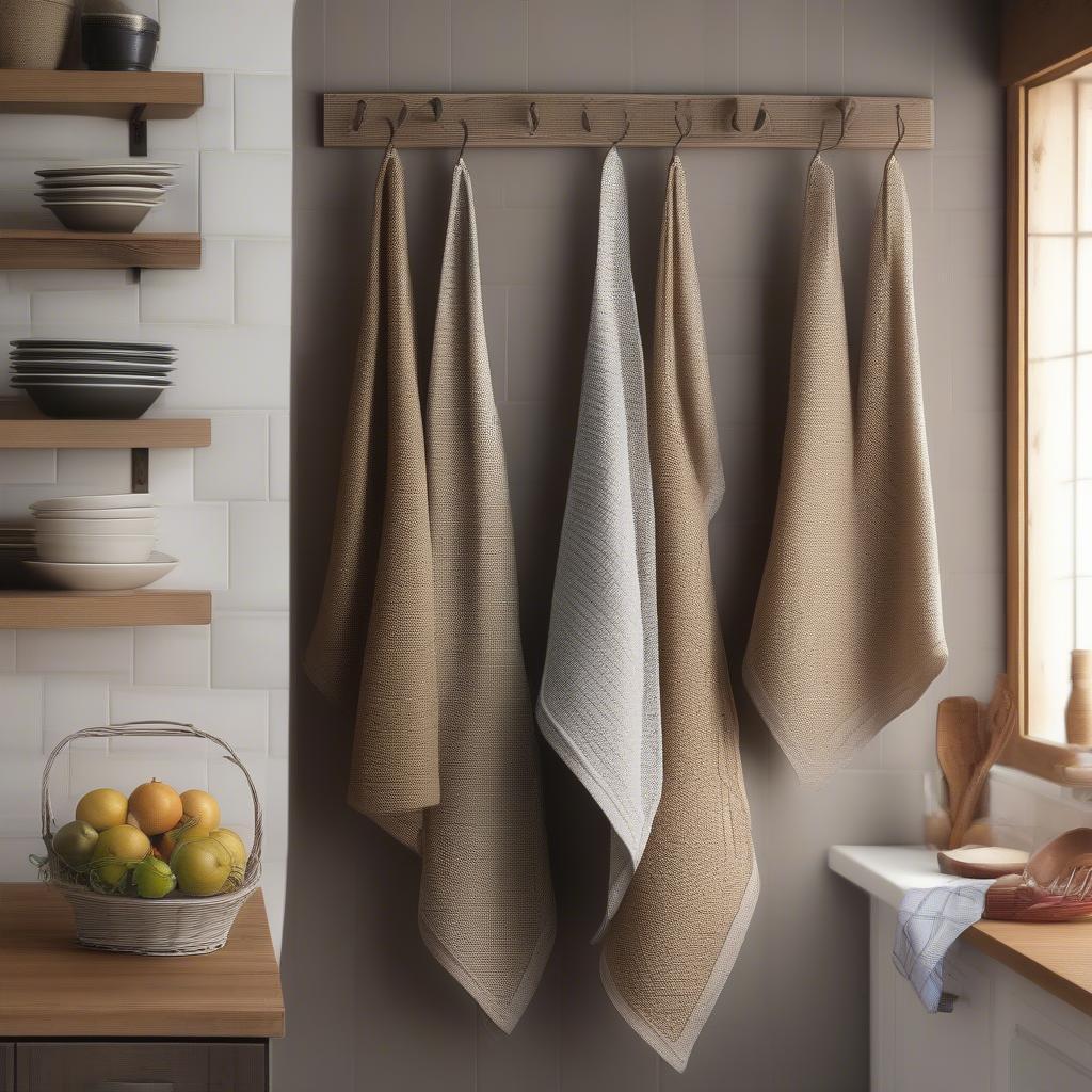 Linden basket weave kitchen towels hanging on a hook in a rustic kitchen.