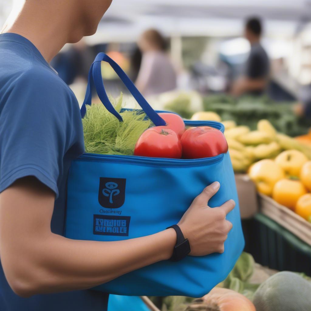 A person shopping with a logo non-woven cooler bag.