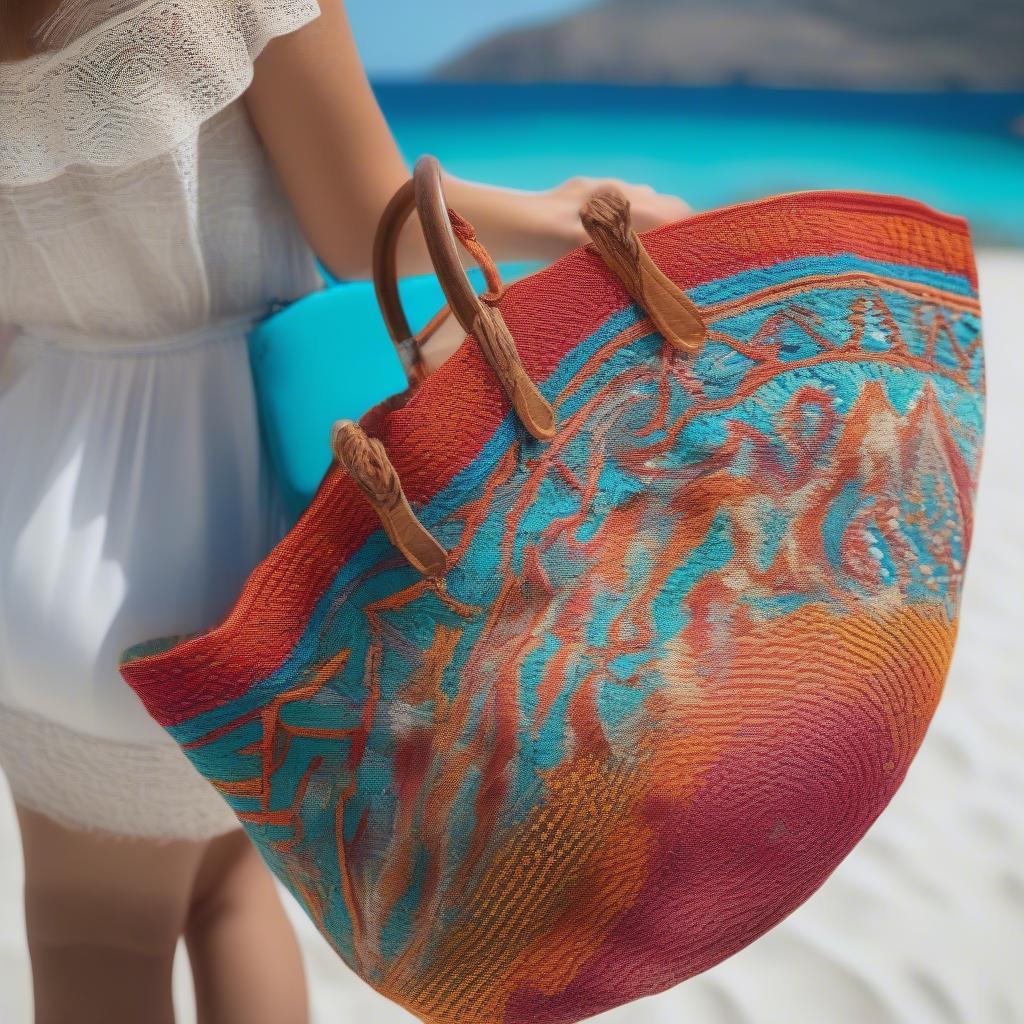 A woman carrying a vibrant, colorful woven beach bag on a Greek island beach.