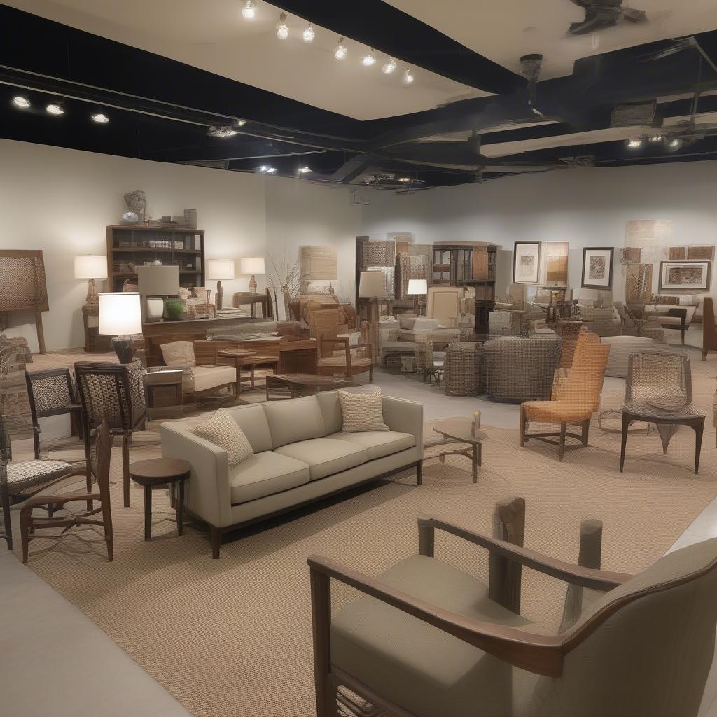 A showroom displaying a variety of Madison table weaver furniture, including chairs, tables, and decorative accents.