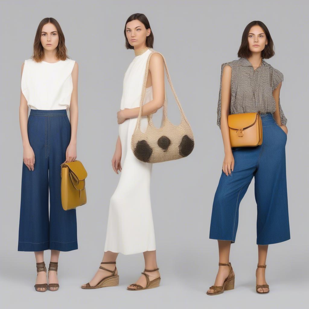 Three diverse outfits styled with different Marni woven bags showcasing the bag's versatility.