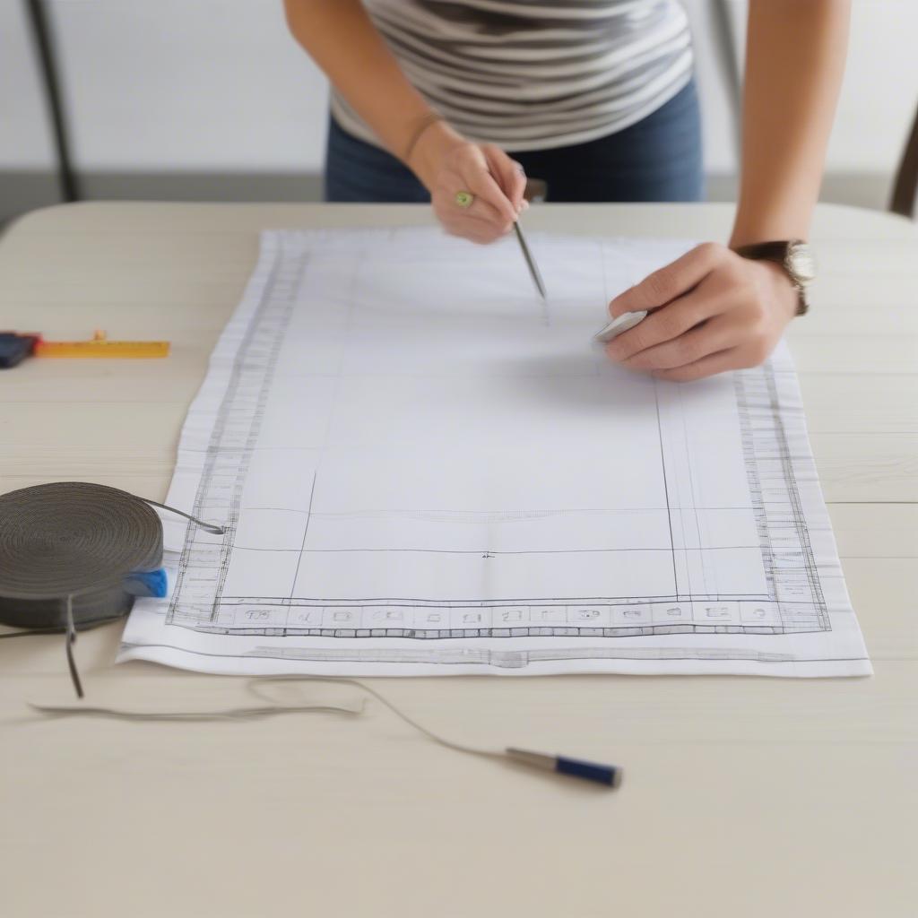 Person measuring a dining table with a tape measure to determine the correct tablecloth size.