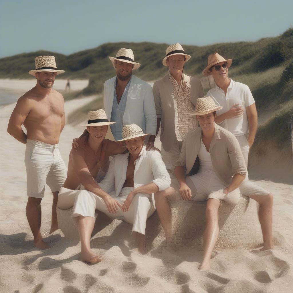 Men wearing different styles of open weave straw hats on the beach