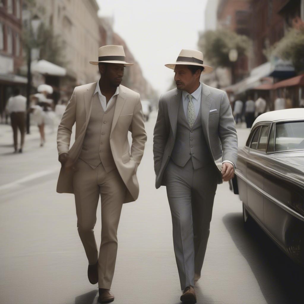 Men wearing different open weave straw hats in a city setting