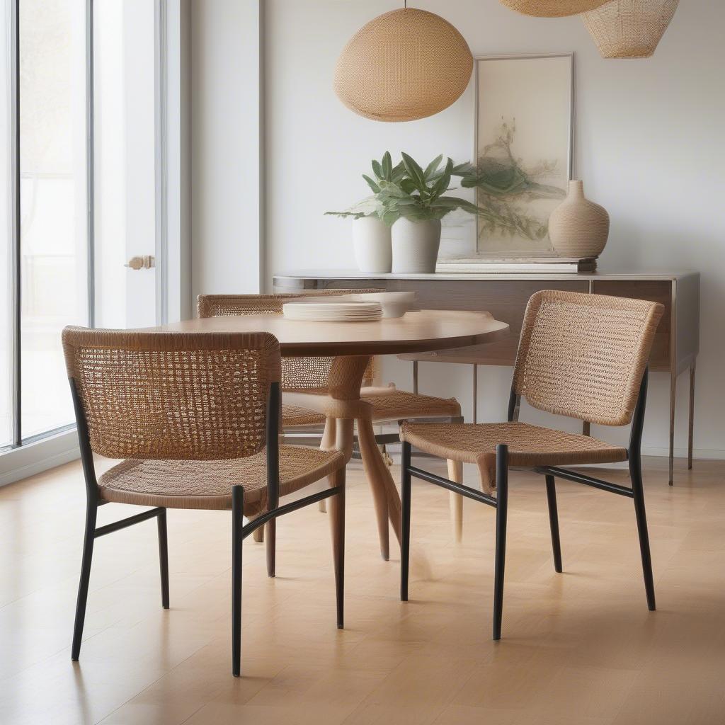 Mid-Century Metal Dining Chairs with Weave Seats