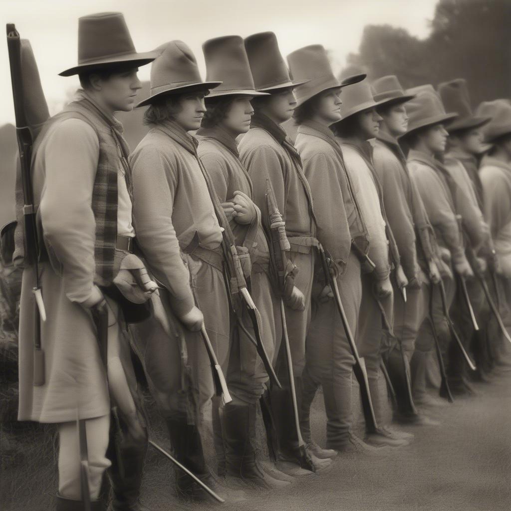 Minutemen standing in formation wearing their distinctive hats