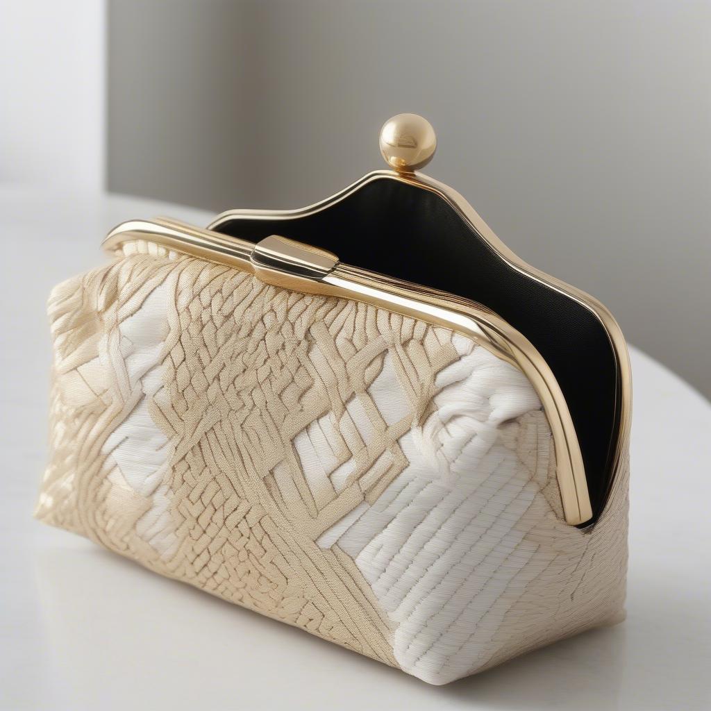 A stylish modern woven clutch bag displayed on a marble table with Greek-inspired jewelry.