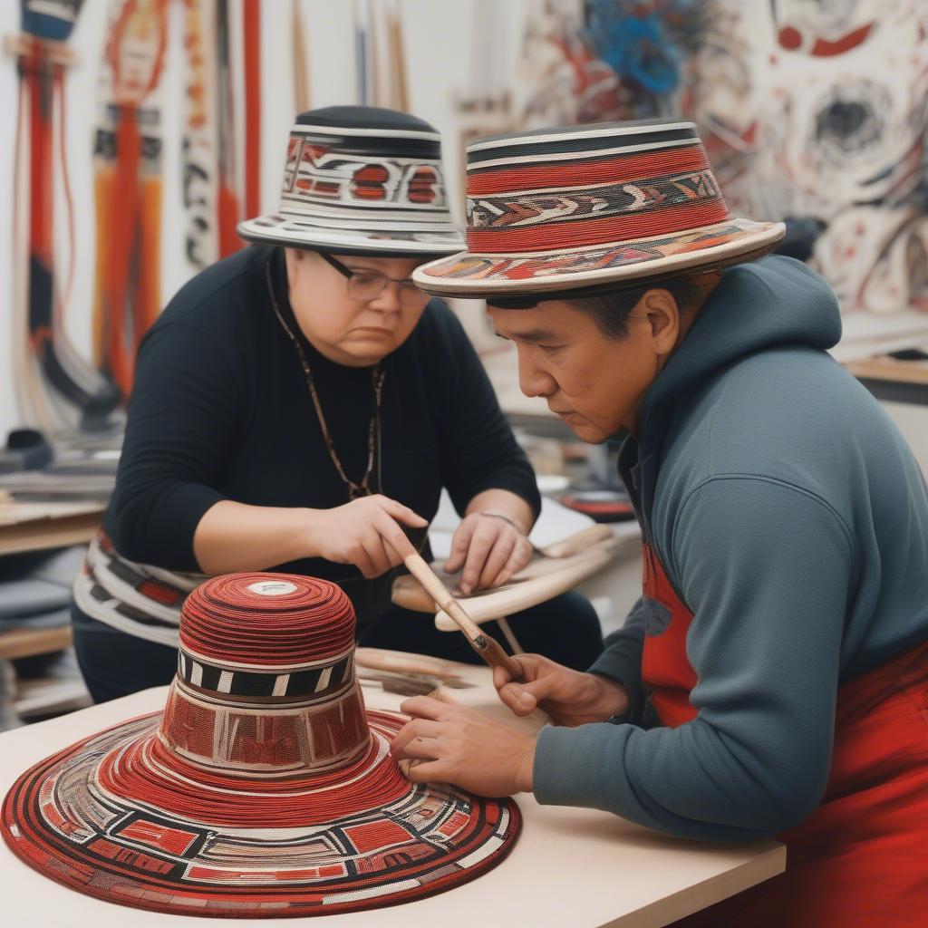 A contemporary Haida artist working on a hat