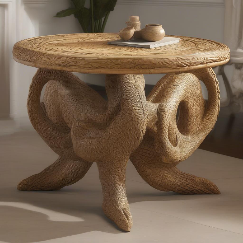 Myth-weaver table with a dragon motif woven into the design