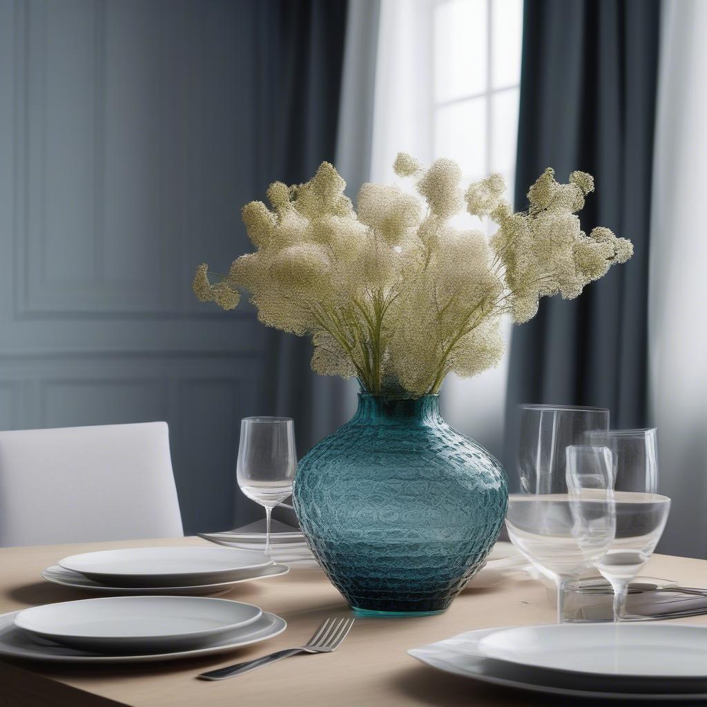 Nachtmann Bossa Nova basket-weave vase used as a centerpiece on a dining table, showcasing its elegant design and versatility.