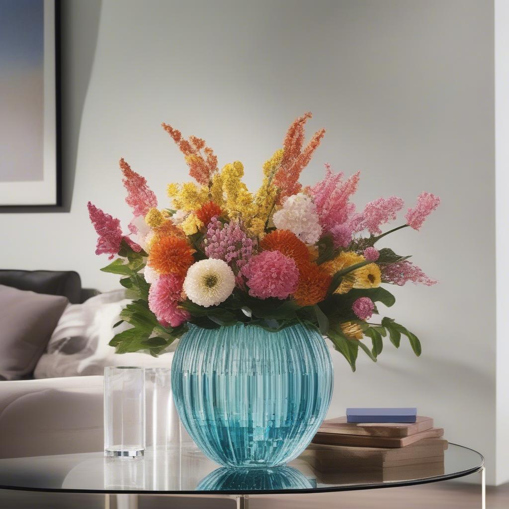 Nachtmann Bossa Nova basket-weave vase with a vibrant bouquet of mixed flowers, placed on a console table in a modern living room.