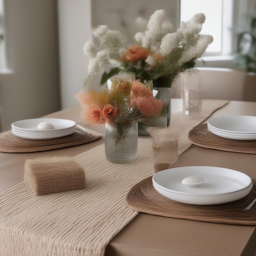 Natural weave table linens add a touch of rustic charm to a dining setting