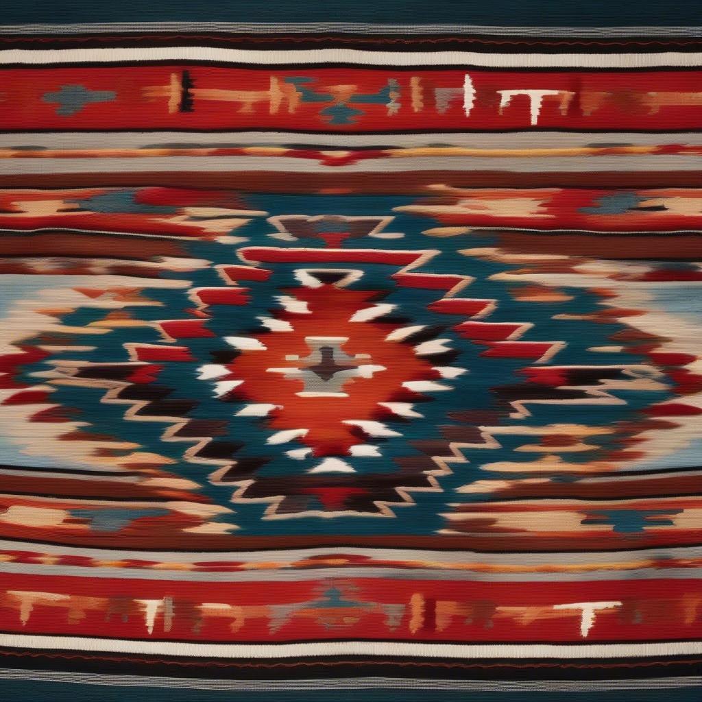 Close-up of a Navajo rug, showcasing the intricate weave pattern and vibrant colors.