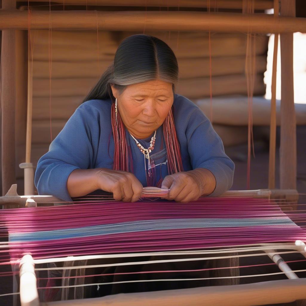 Navajo woman demonstrating traditional weaving techniques on a loom.