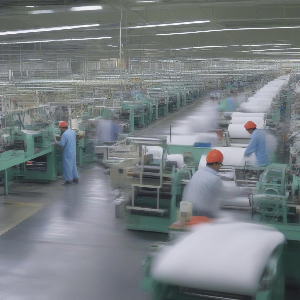 Non-woven bag factory production line showing workers and machinery