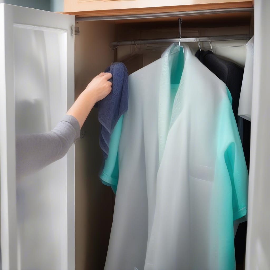 A person demonstrating the proper way to clean a non-woven garment bag using a damp cloth.