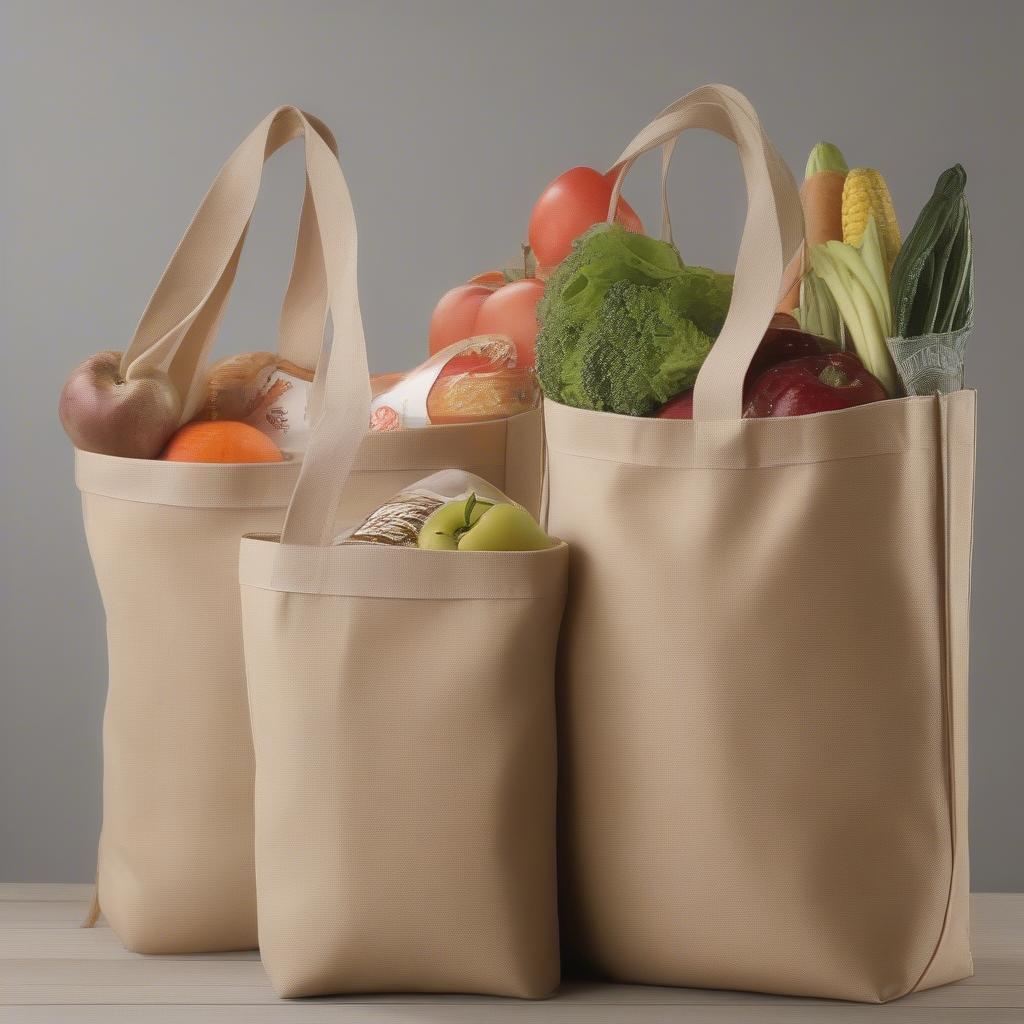 Various non-woven hurry up grocery bags in different sizes and colors.