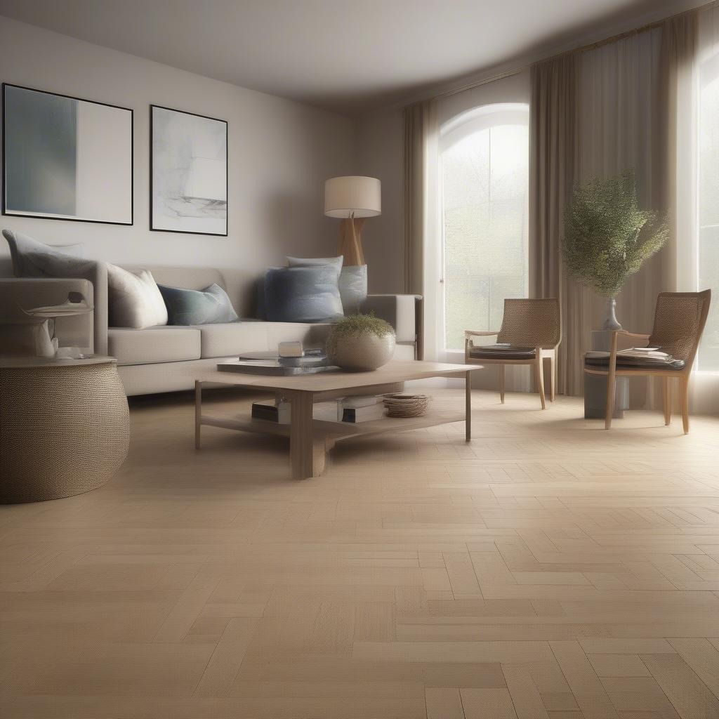 Oak basket weave flooring installed in a contemporary living room, demonstrating its versatility.