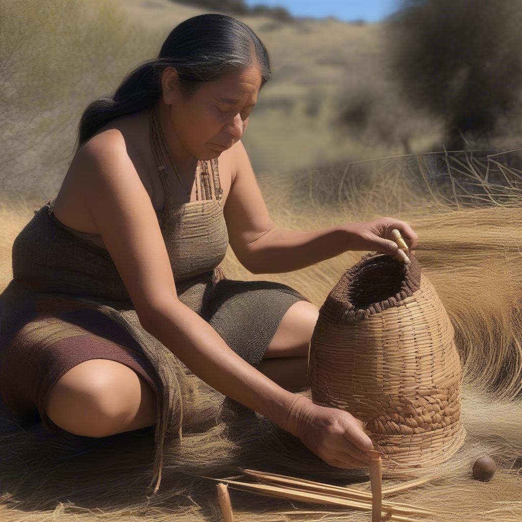 Modern Ohlone Basket Weaver Practicing Traditional Techniques