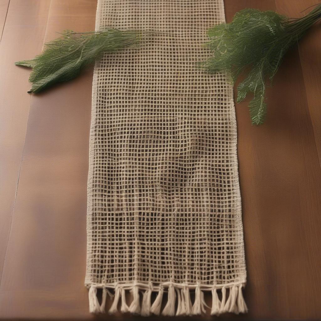 Open Weave Burlap Table Runner on a Rustic Table