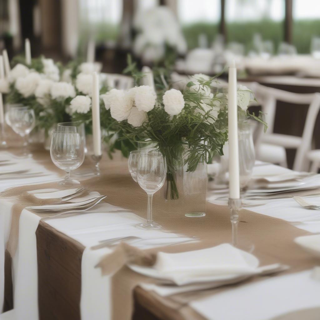 Open Weave Burlap Table Runner at a Wedding Reception