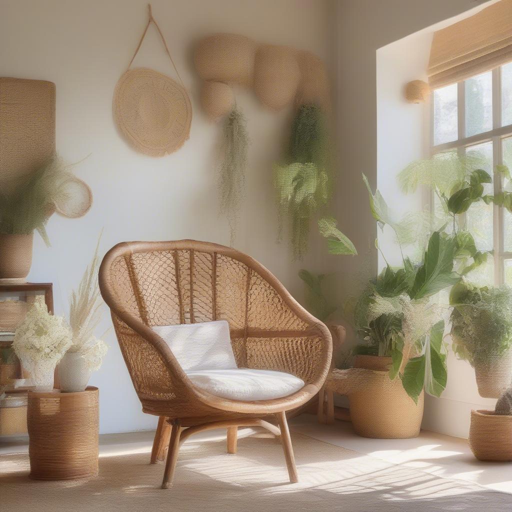 Open weave cane chair in a bright living room setting