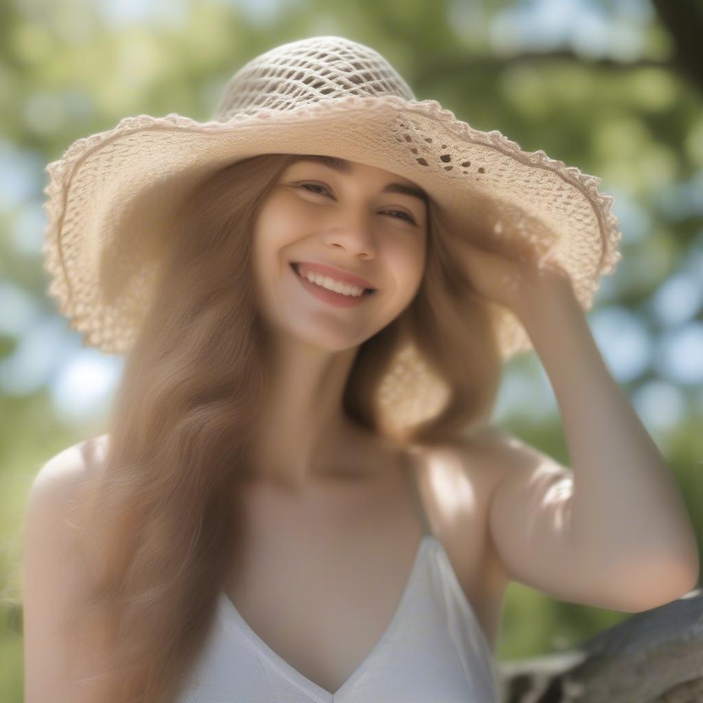 A woman wearing a stylish open weave crochet hat enjoying a sunny summer day.