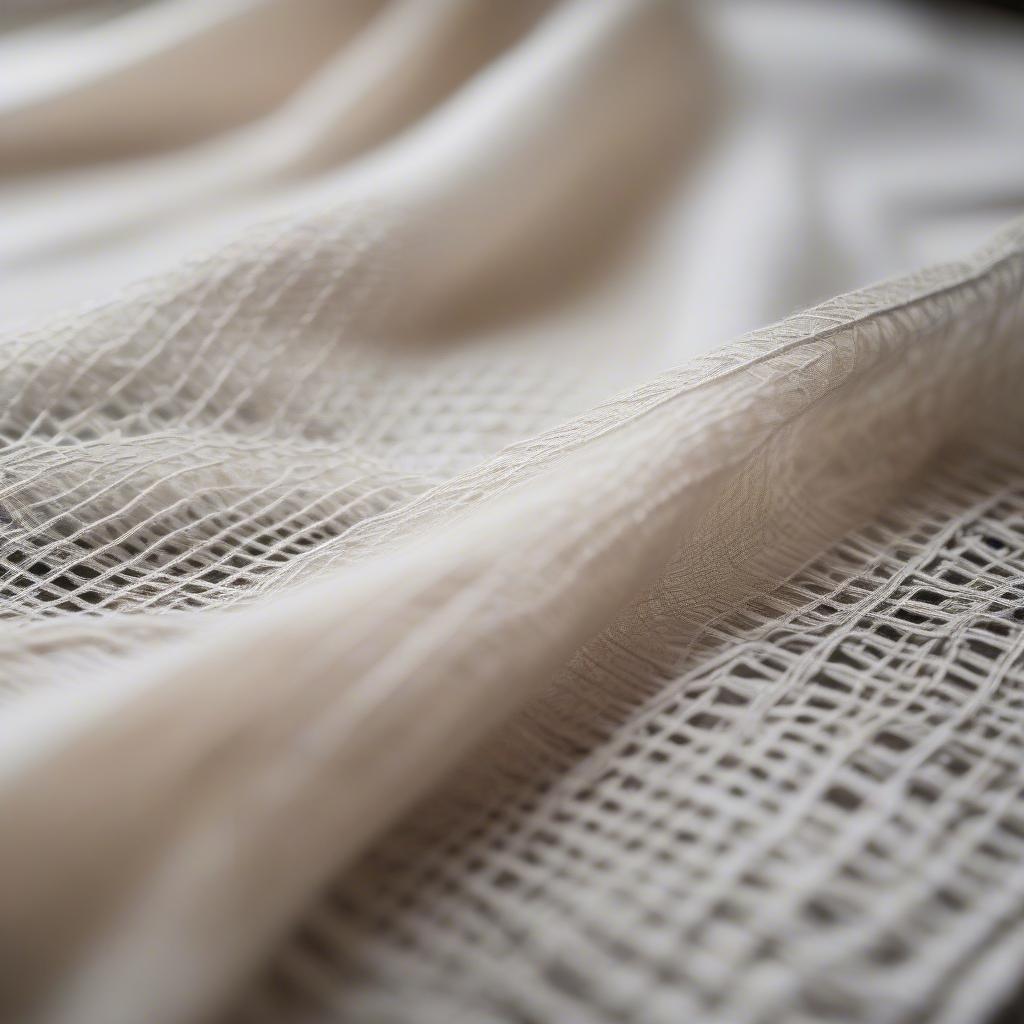 Close-up view of an open weave fabric tablecloth highlighting the intricate weave and texture