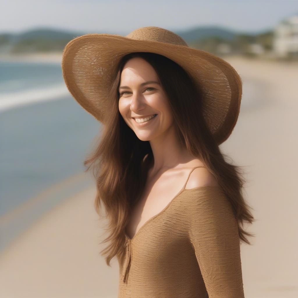 Woman wearing an open weave floppy hat on the beach