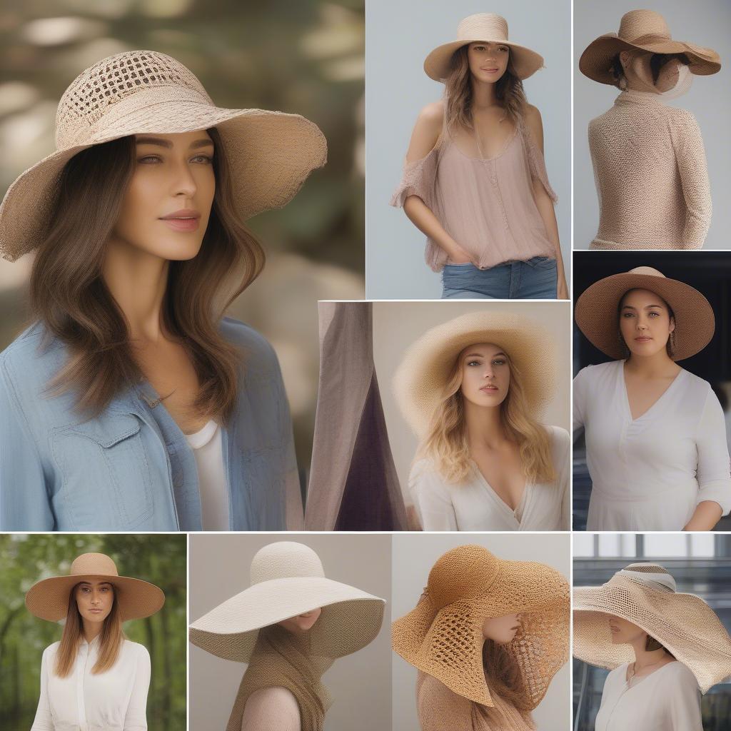 Different styles of open weave floppy hats