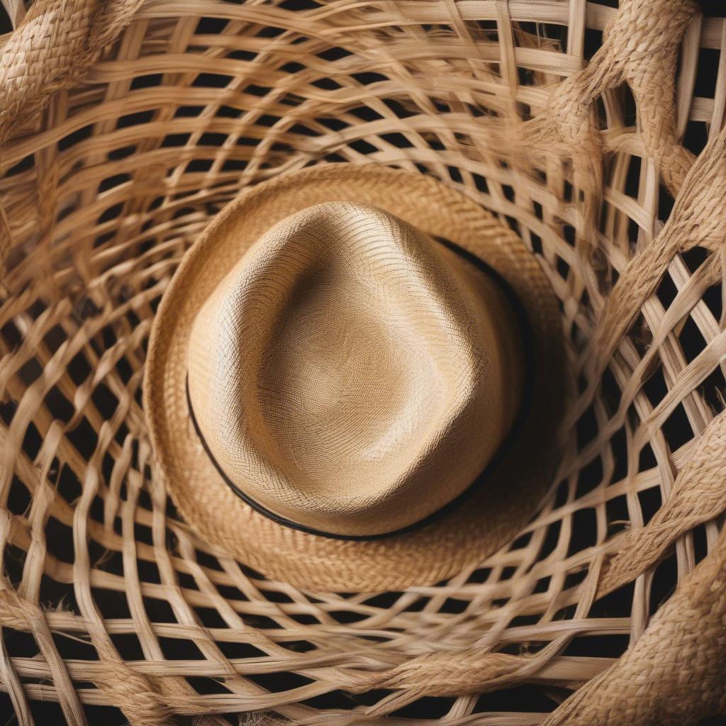 Close-up view of an open weave straw cowboy hat, showcasing the intricate weaving pattern and the breathable nature of the straw material.