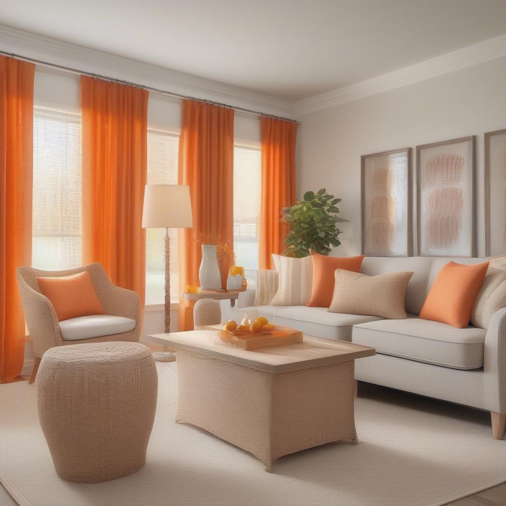 Orange Basket Weave Curtains in a Living Room Setting