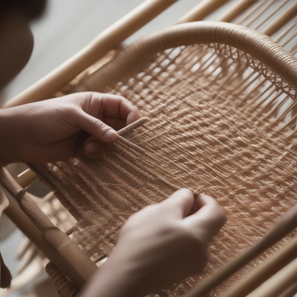 Outdoor Chair Weaving Techniques: Close-up of hands weaving rattan onto a chair frame using various techniques.