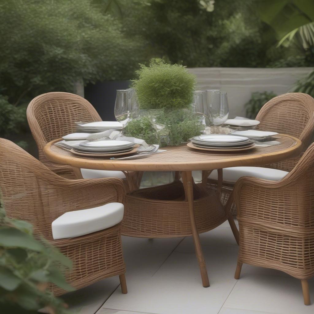 Outdoor rattan dining set on a patio