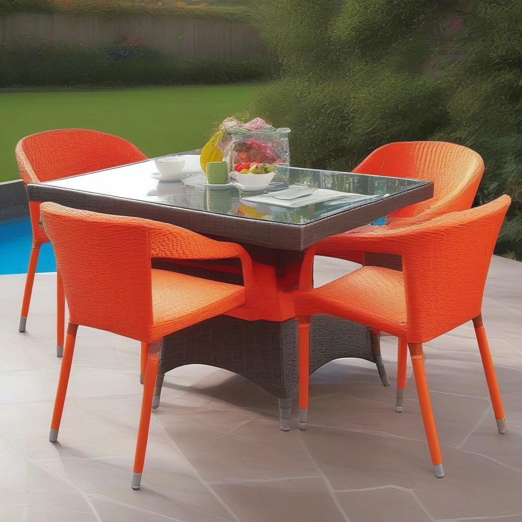 Outdoor synthetic wicker padded chairs on a patio