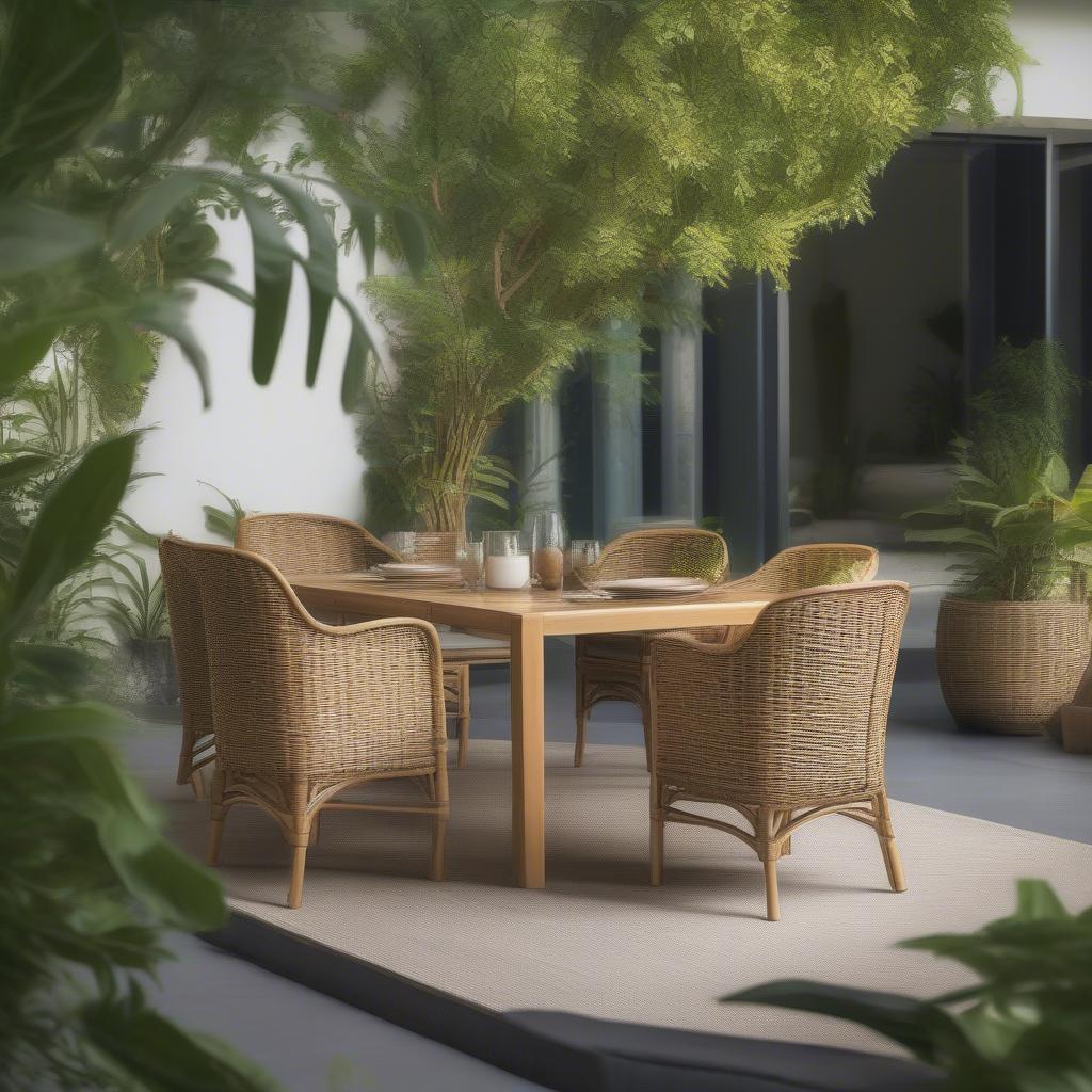 P1 bamboo banana weave dining chair in a stylish outdoor patio setting, showcasing its versatility.