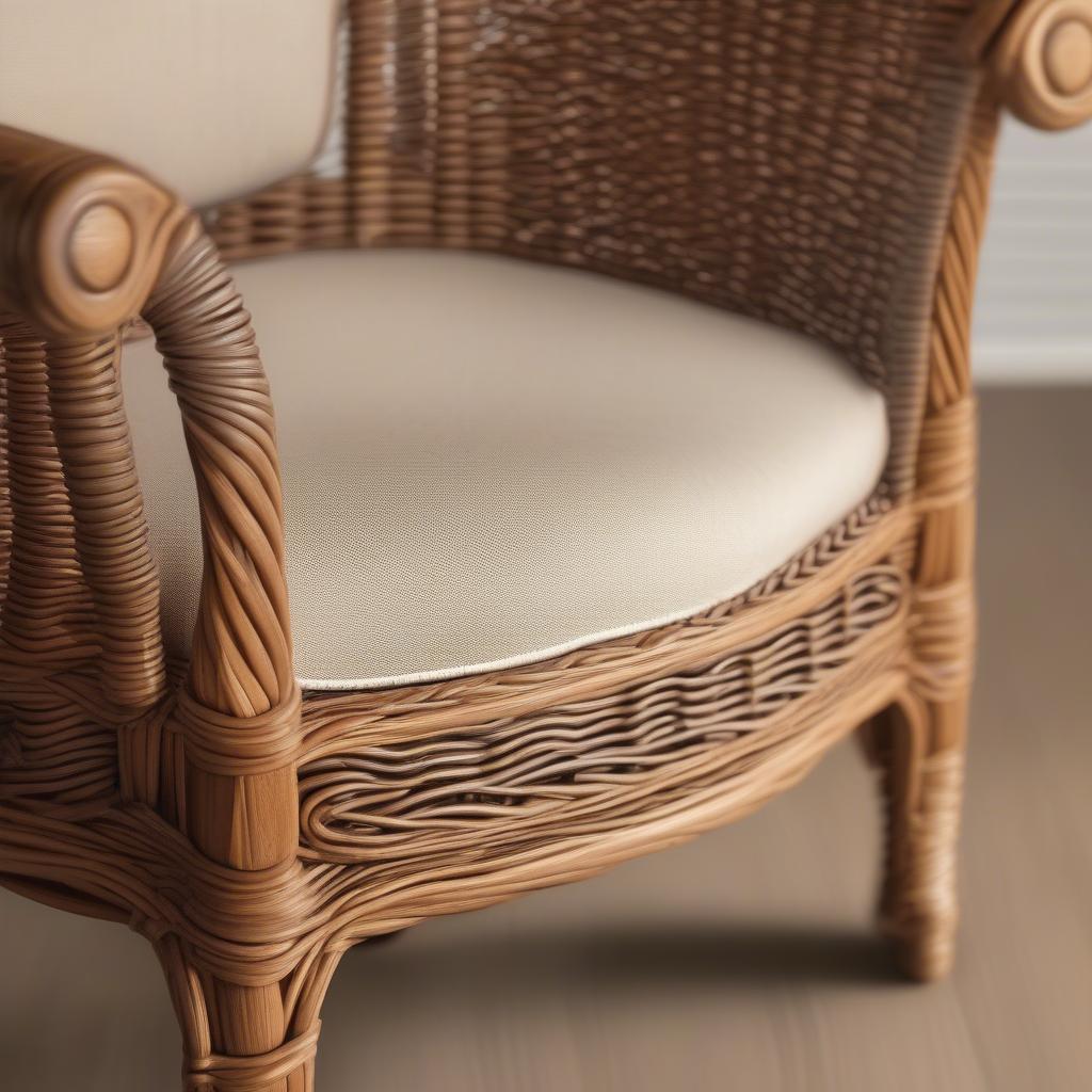 Close-up of wicker weave on padded table chairs