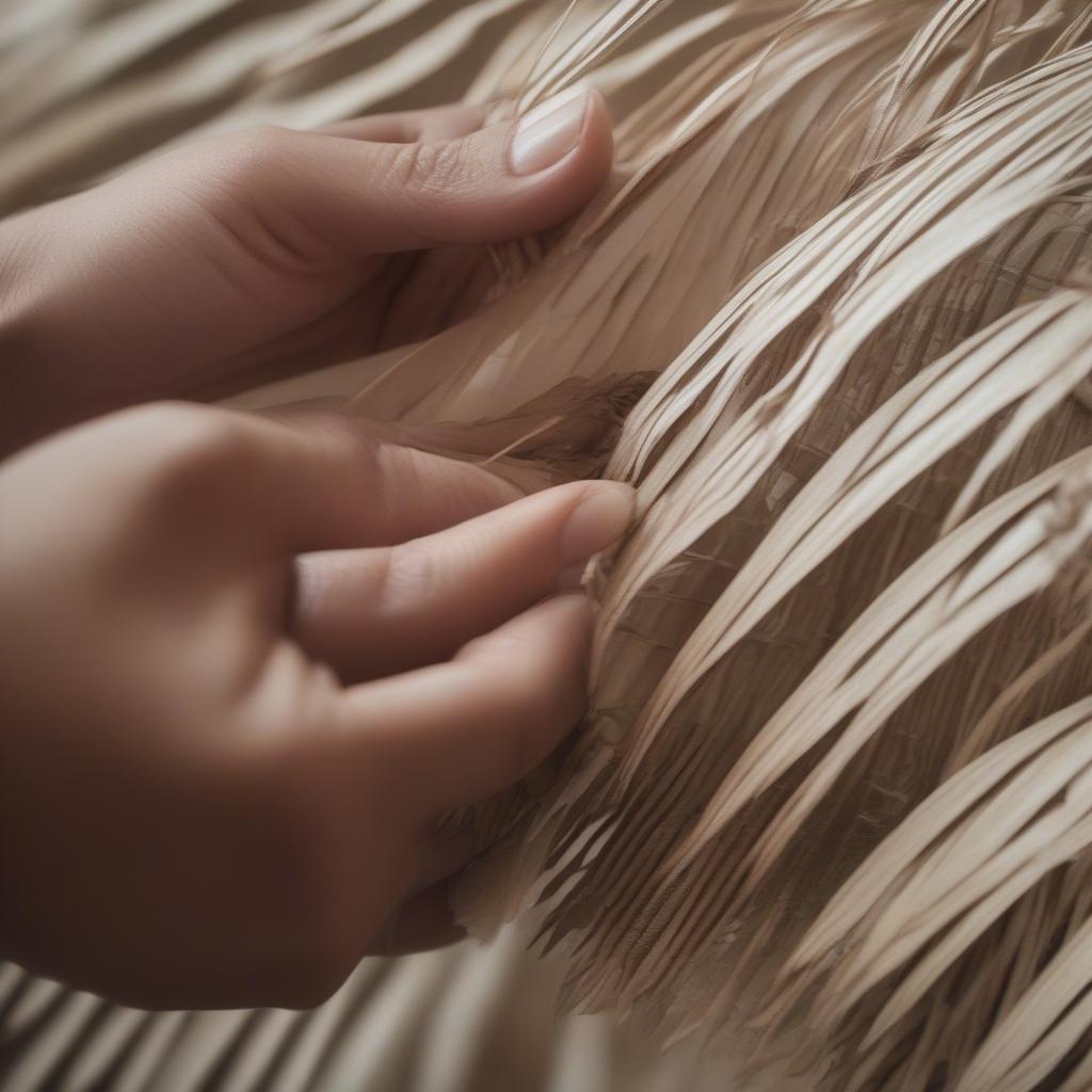 A woman skillfully weaving a palm frond hat, showcasing the intricate details of the process.