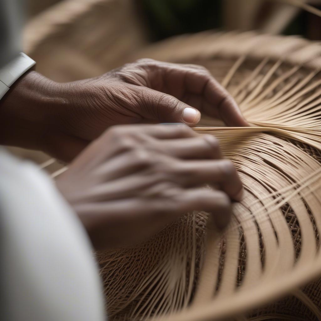 Close-up of hands weaving a palm hat