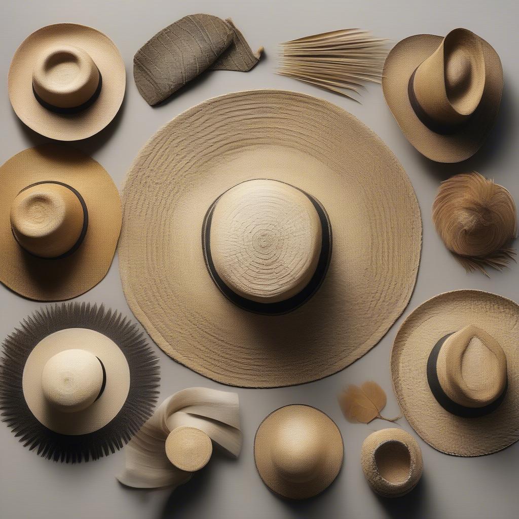 A collection of diverse palm leaf hats, showcasing different shapes, sizes, and weaving patterns.