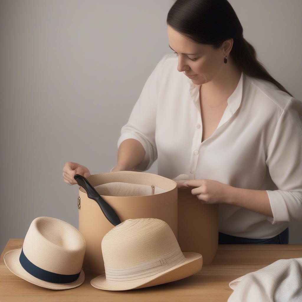 Proper storage and care techniques for a Panama hat, showing a hat box and cleaning tools.